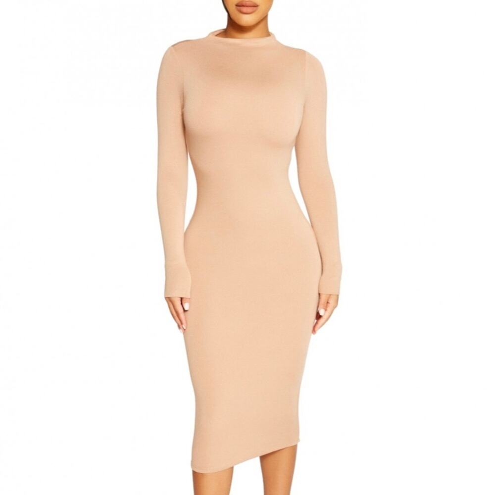 Naked Wardrobe Nude Long Sleeve Back Cutout MIDI Dress size Small